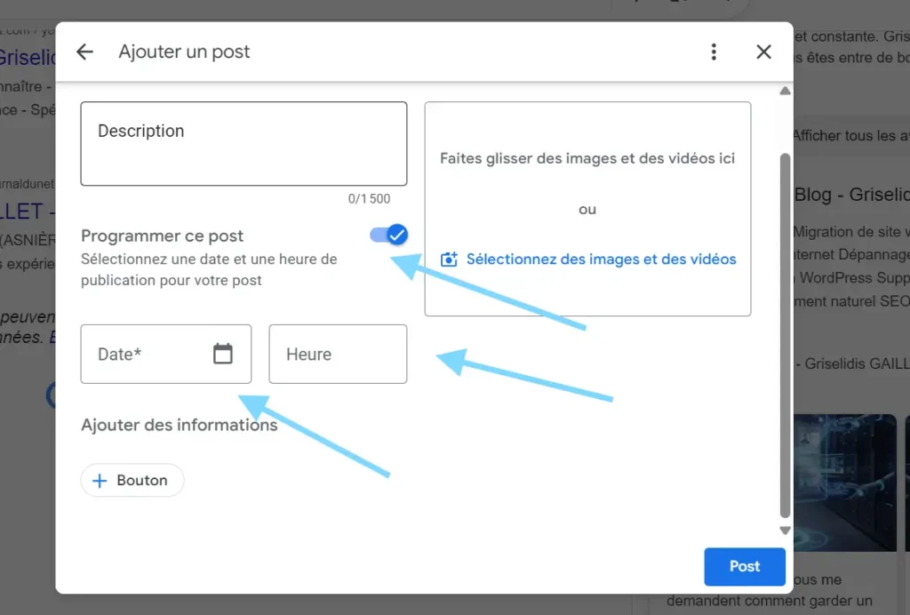 programmer un post google my business options