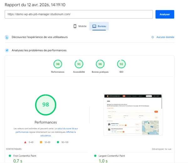 wp ats job board jp jobs performances desktop WP ATS Jobs Manager – Plugin WordPress pour gérer vos recrutements simplement