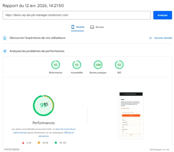 wp ats job board jp jobs performances mobile WP ATS Jobs Manager – Plugin WordPress pour gérer vos recrutements simplement