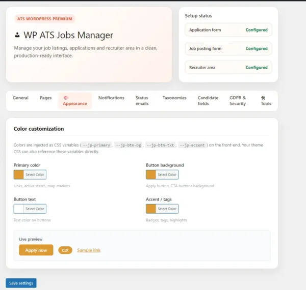 wp ats jobs manager appearance WP ATS Jobs Manager – Plugin WordPress pour gérer vos recrutements simplement