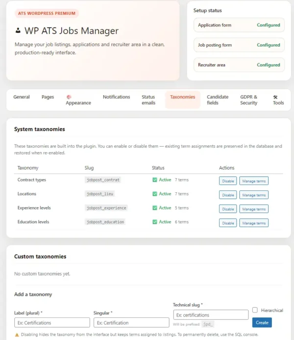 wp ats jobs manager taxonomies WP ATS Jobs Manager – Plugin WordPress pour gérer vos recrutements simplement