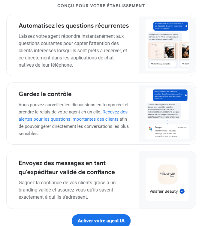 agent ia messagerie google my business